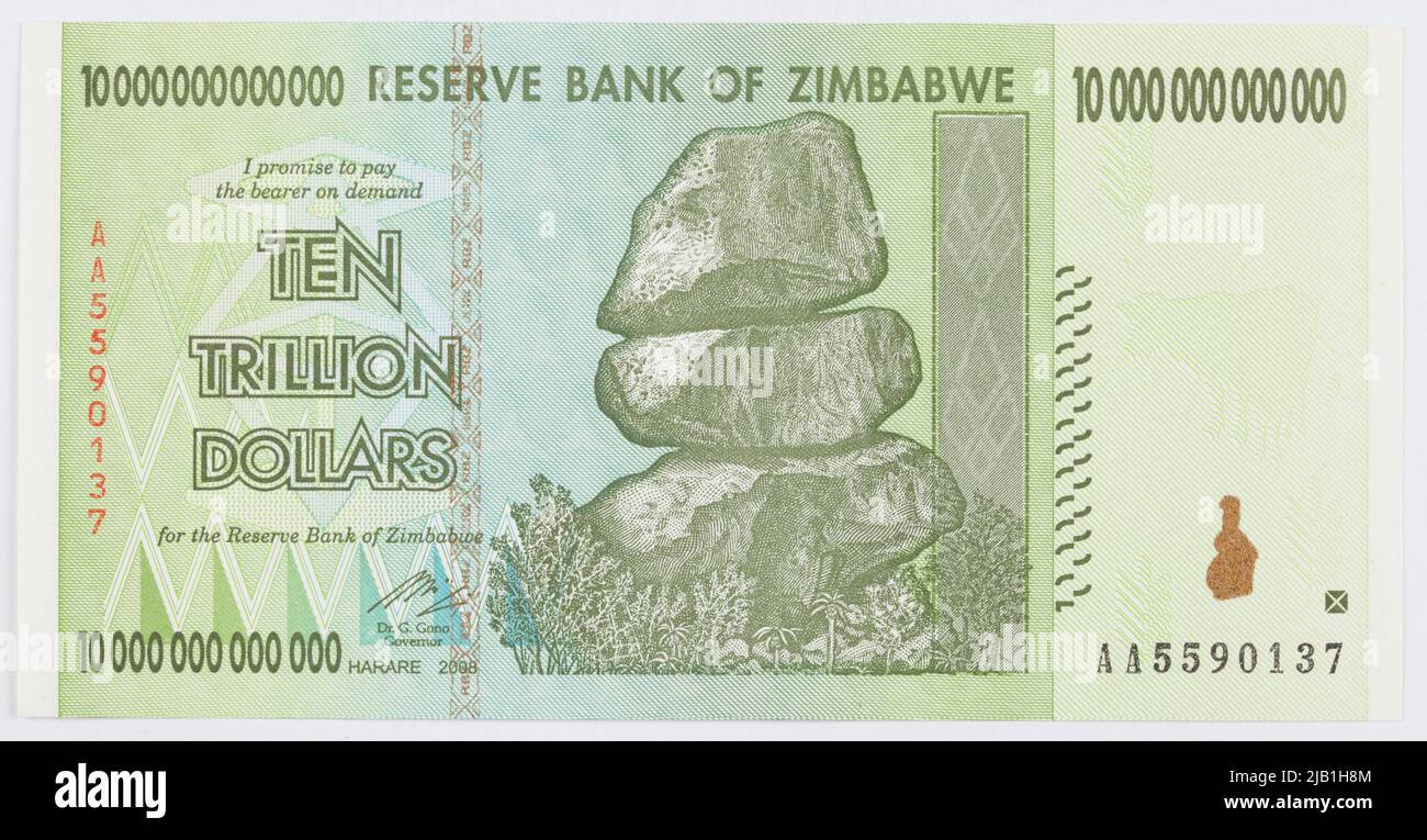 Banknot na 10 trilioni di dollari; Reserve Bank of Zimbabwe, Zimbabwe; 2008 r. Foto Stock