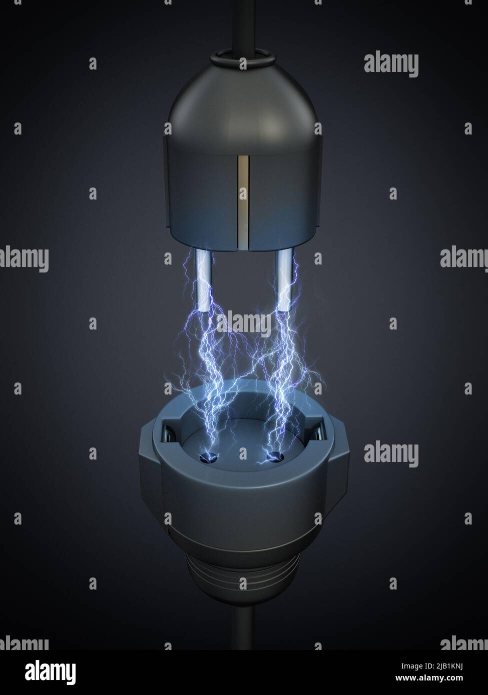 Luci tra la spina elettrica e la presa di corrente. Concetto di energia elettrica. 3D illustrazione. Foto Stock