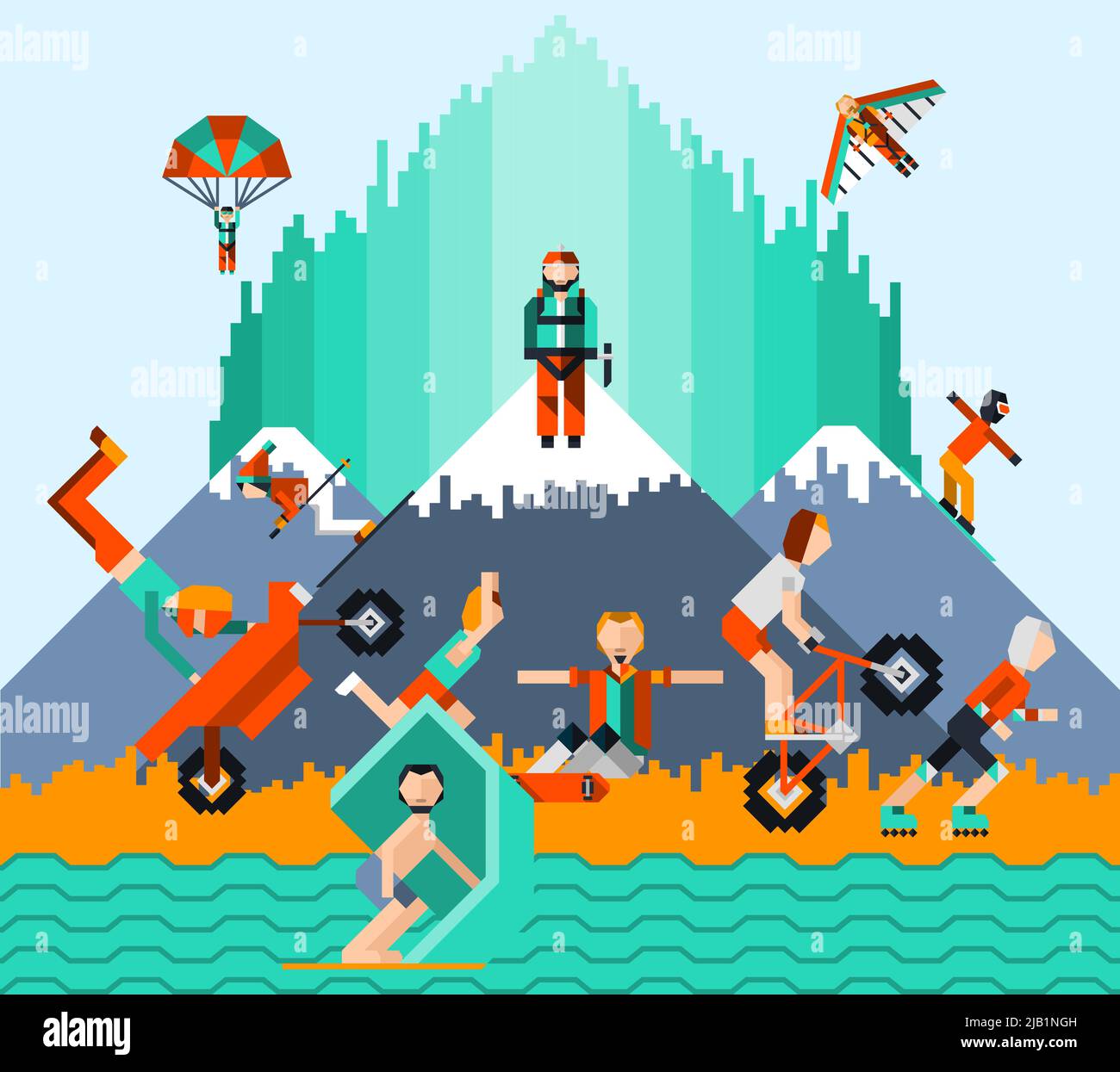 Concetto di sport estremi con persone che pattinano windsurf ciclismo paracadute salto vettore illustrazione Illustrazione Vettoriale