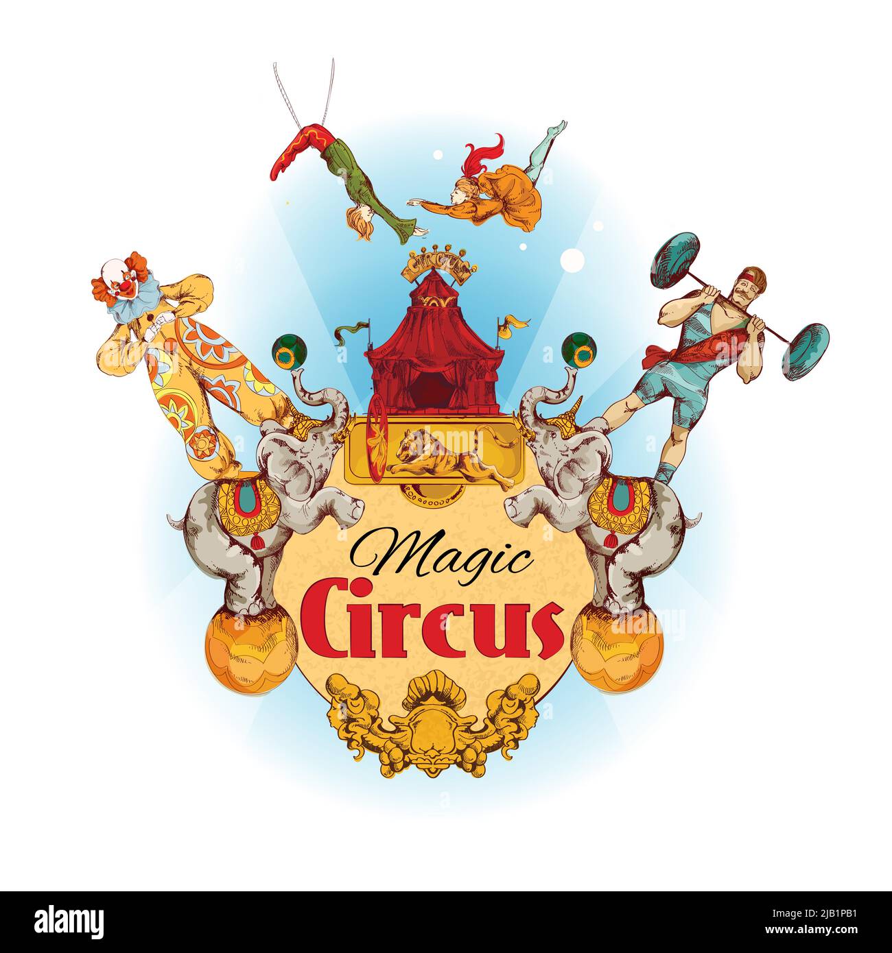 Magic circo colorato sfondo con clown animali acrobat atleta illustrazione vettoriale Illustrazione Vettoriale