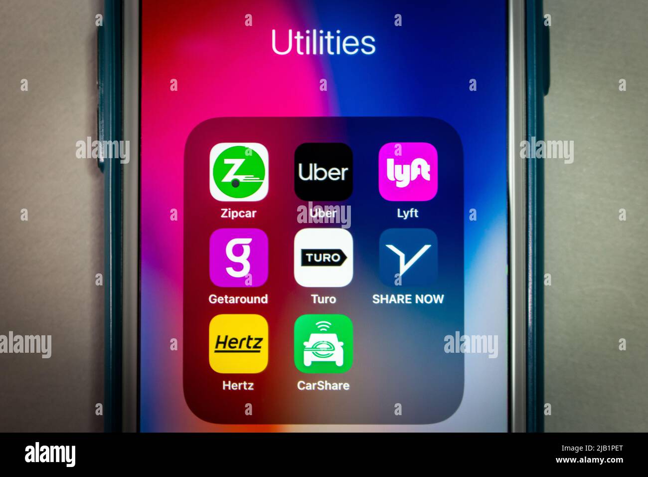 Kumamoto, GIAPPONE - ago 3 2021 : app di servizio di car sharing USA (Zipcar, Uber, Lyft, Getaround, Turo, Condividi ora, Heartz e Enterprise CarShare) su iPhone Foto Stock