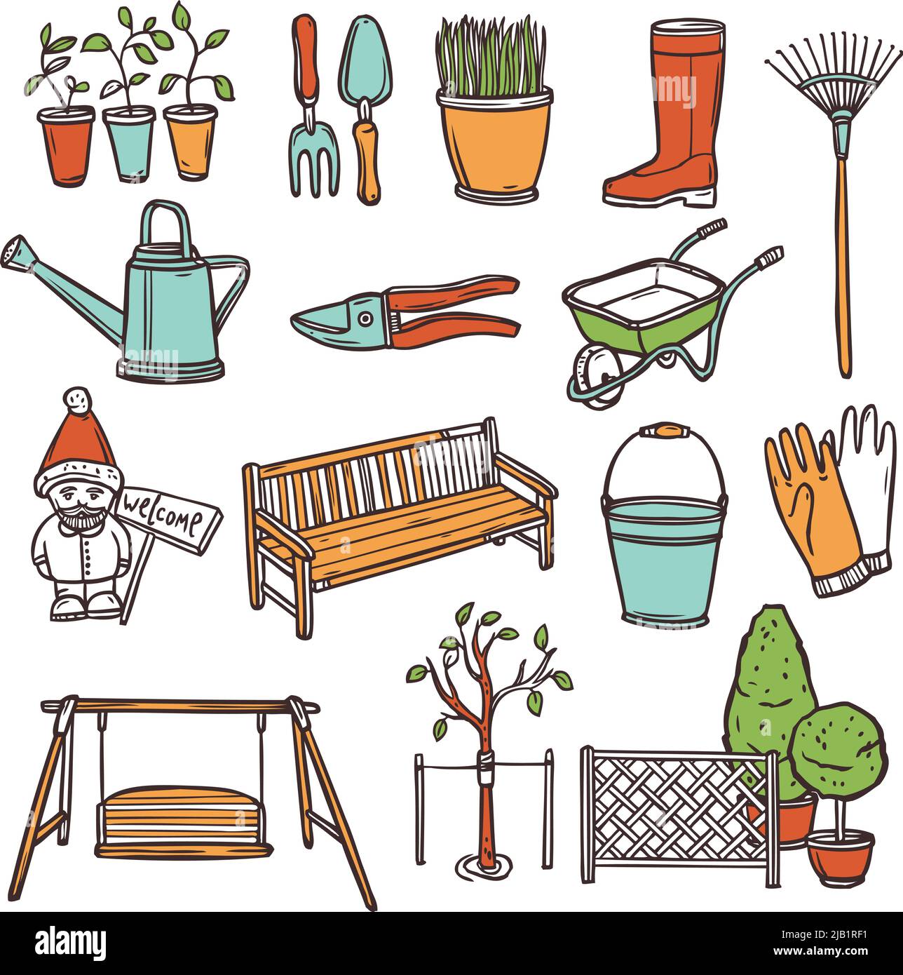 Attrezzi di giardinaggio icone decorative insieme con l'attrezzatura agricola disegnata a mano illustrazione vettoriale isolata Illustrazione Vettoriale