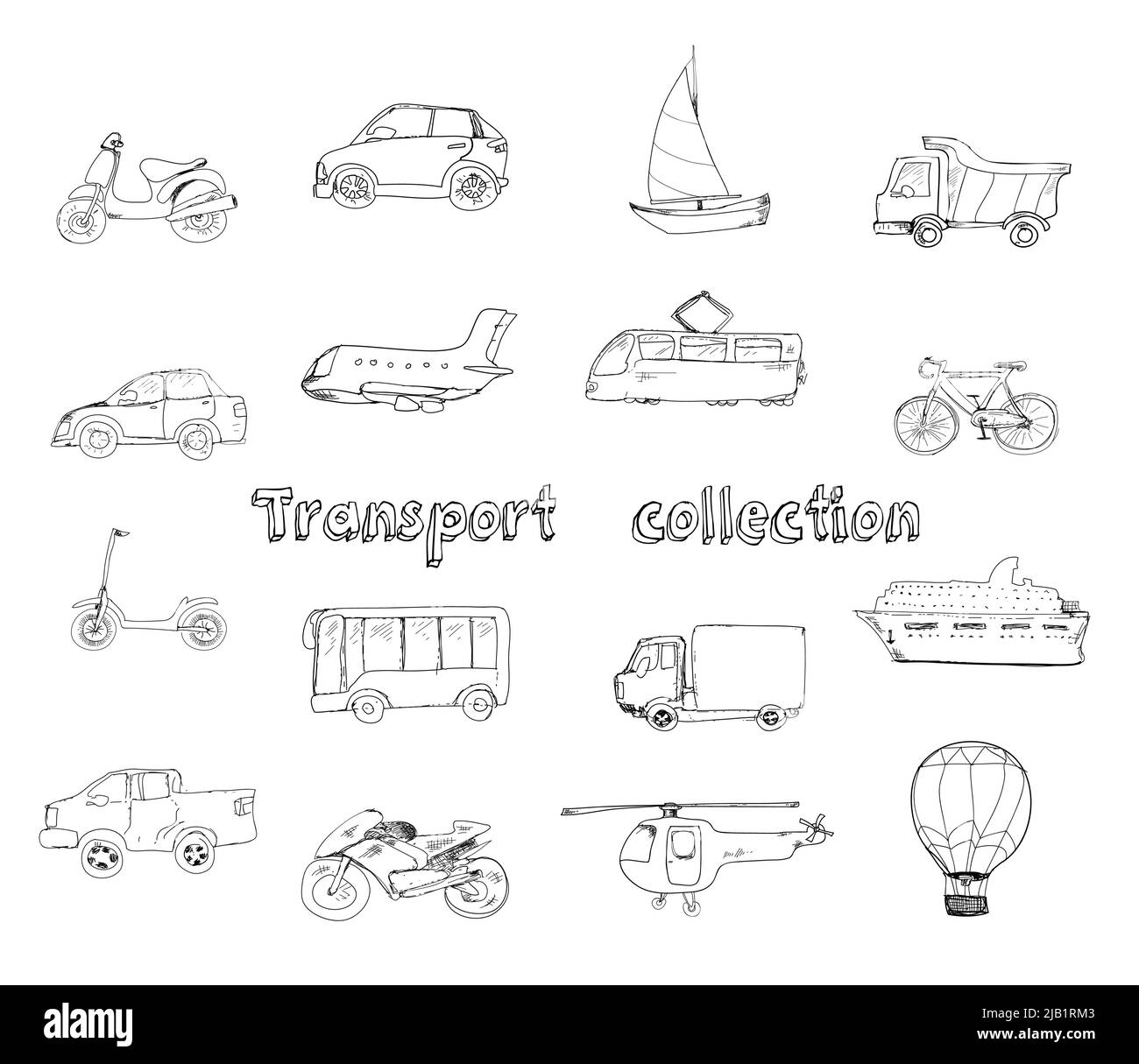 Set doodle per il trasporto con moto auto yacht camion isolato vettore illustrazione Illustrazione Vettoriale
