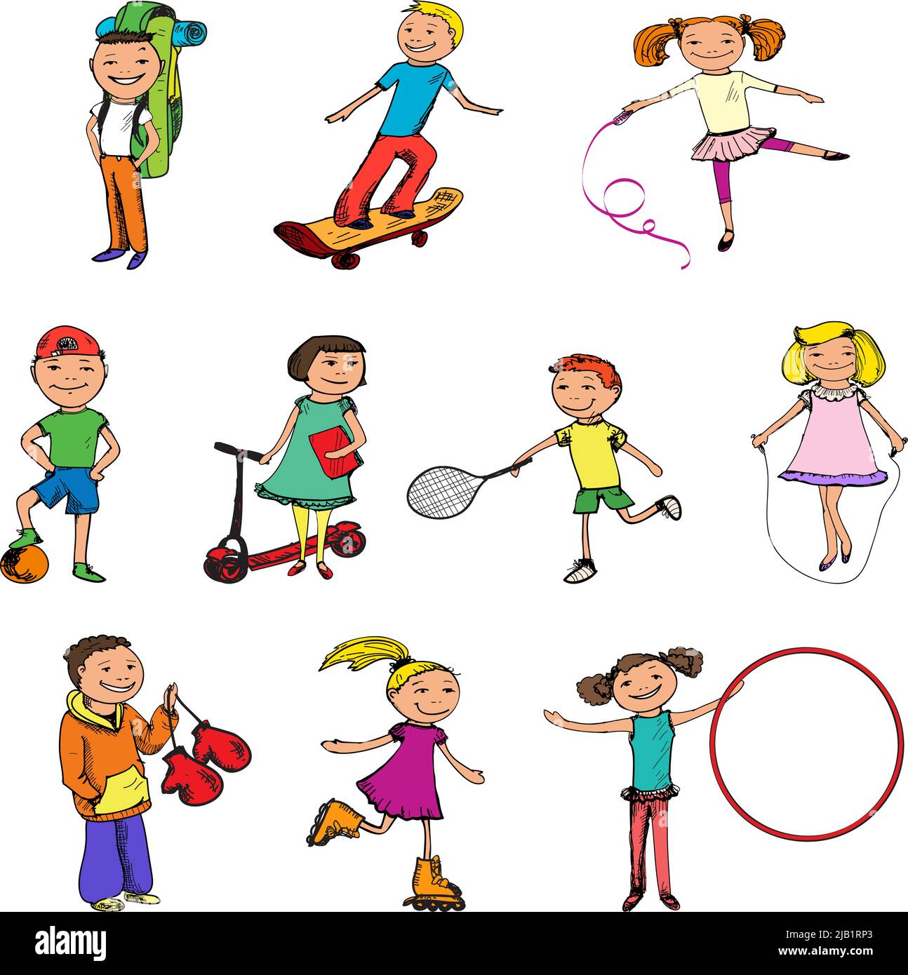 Bambini ragazzi e ragazze con palla tennis racchetta jumping corda sport colored sketch caratteri set isolato vettore illustrazione Illustrazione Vettoriale