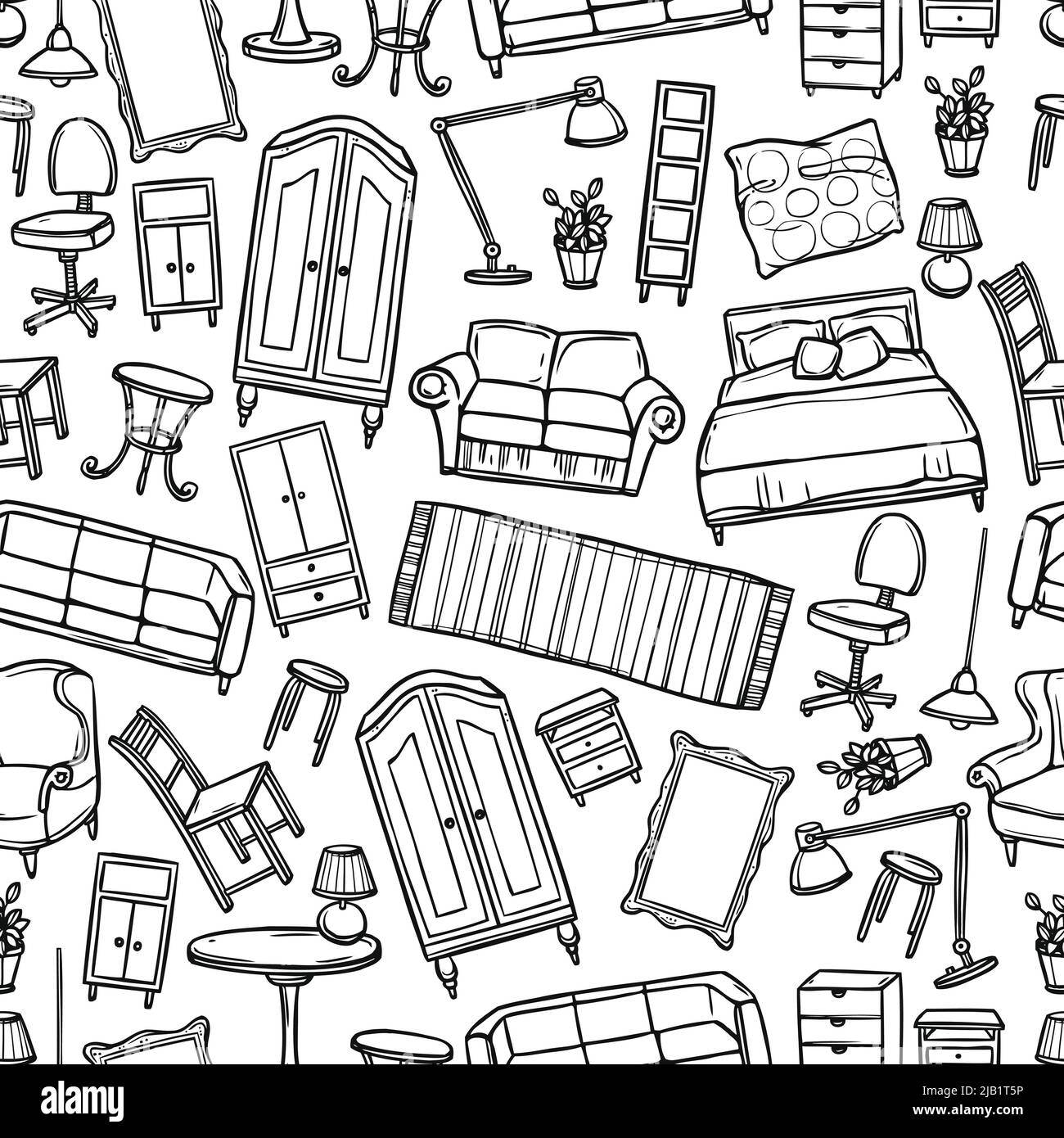 Mobili disegno a mano senza giunture con moderno e classico accessori per la casa illustrazione vettoriale Illustrazione Vettoriale