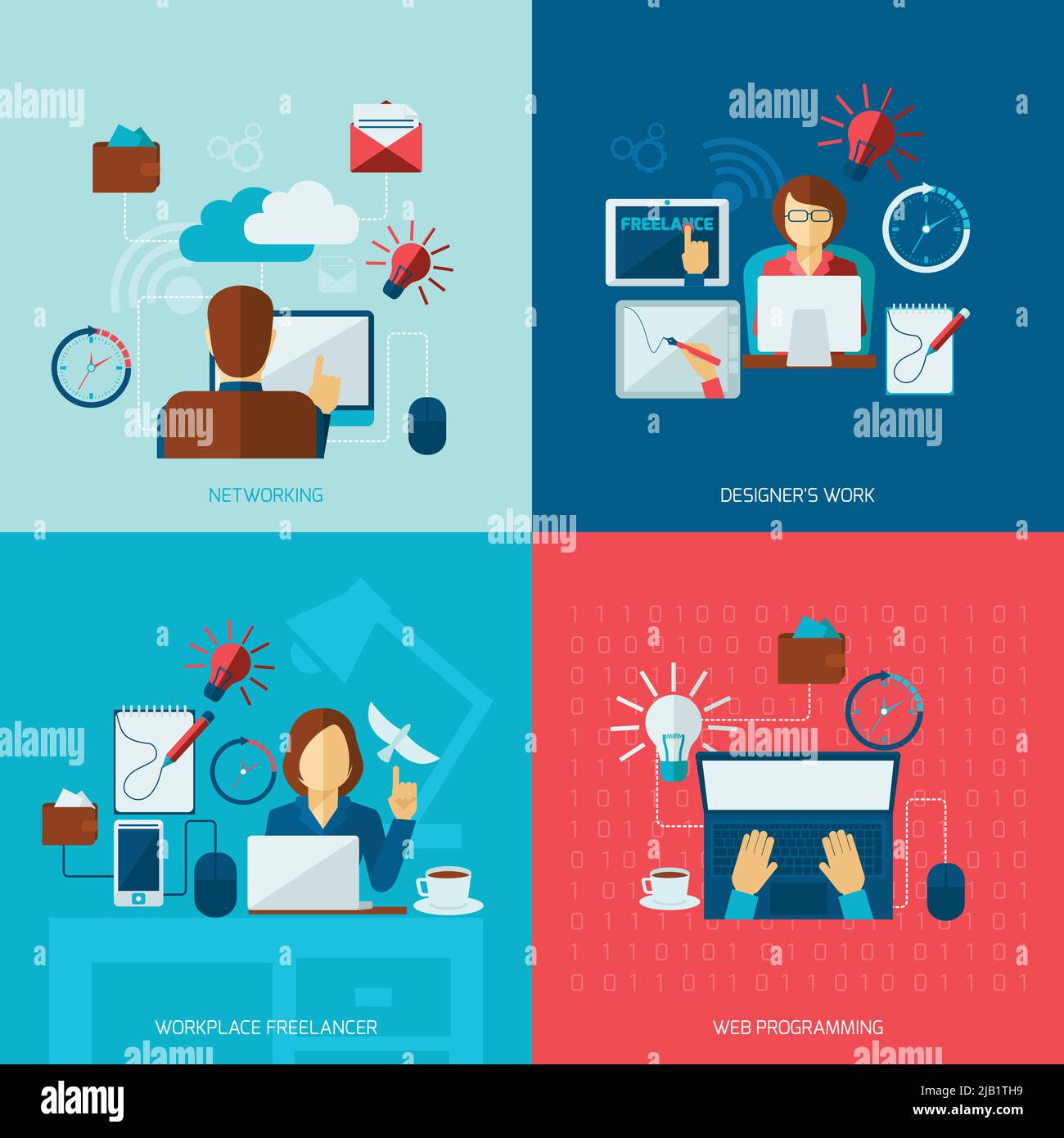Flat set freelance con networking designer lavoro web programmazione luogo di lavoro isolato illustrazione vettoriale Illustrazione Vettoriale