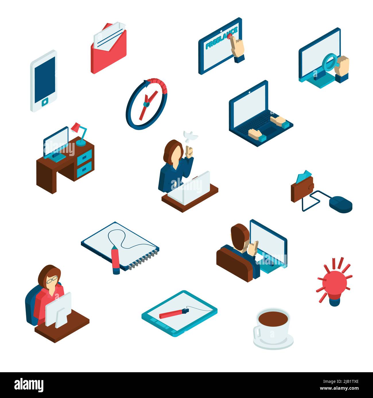 Icone isometriche 3d freelance impostate con gestione del tempo che lavora con dati e processi creativi illustrazione vettoriale isolata Illustrazione Vettoriale