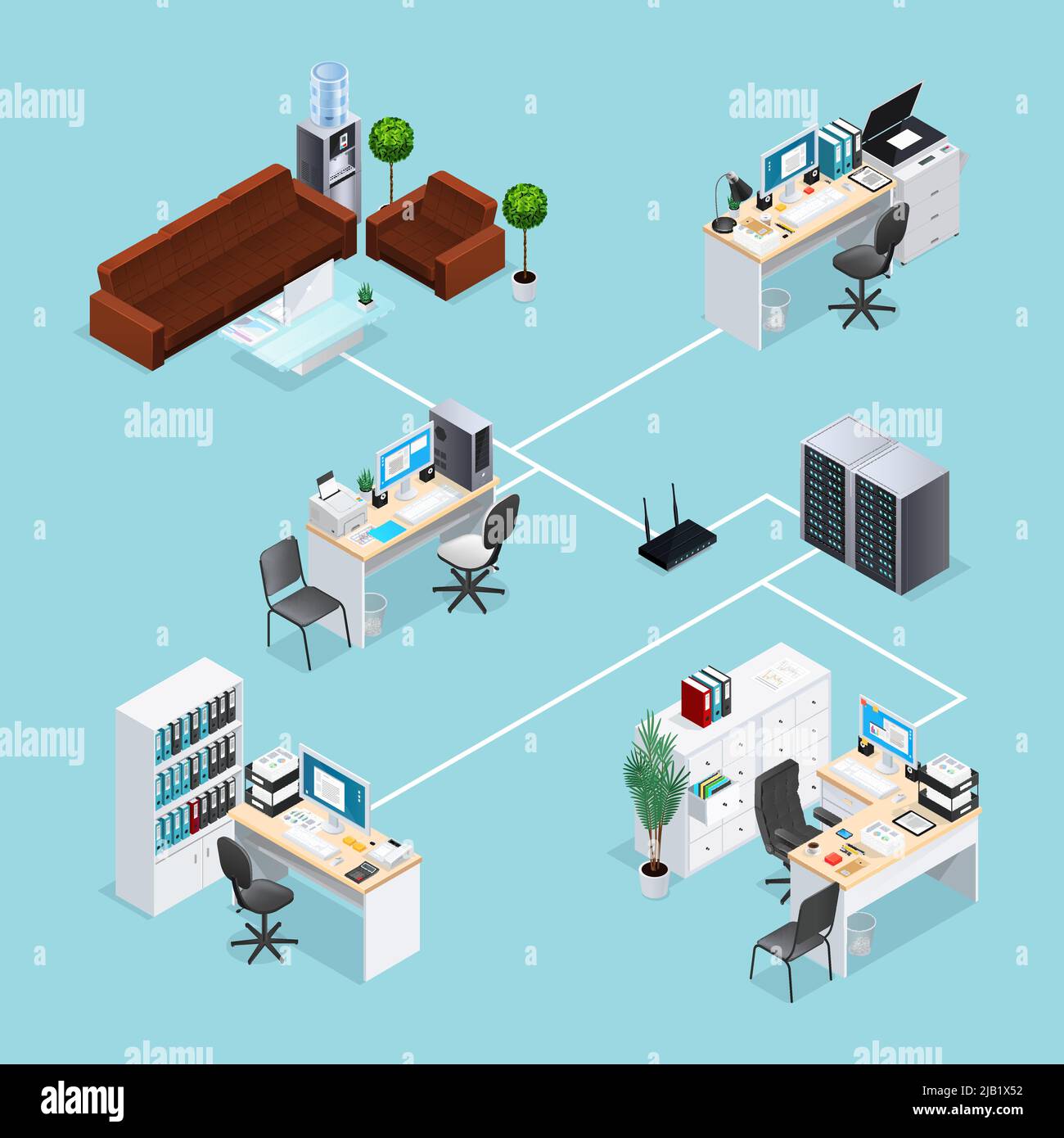 Rete di computer per ufficio con connessione di luoghi di lavoro e area di attesa verso il server attraverso l'illustrazione vettoriale isometrica del router Illustrazione Vettoriale
