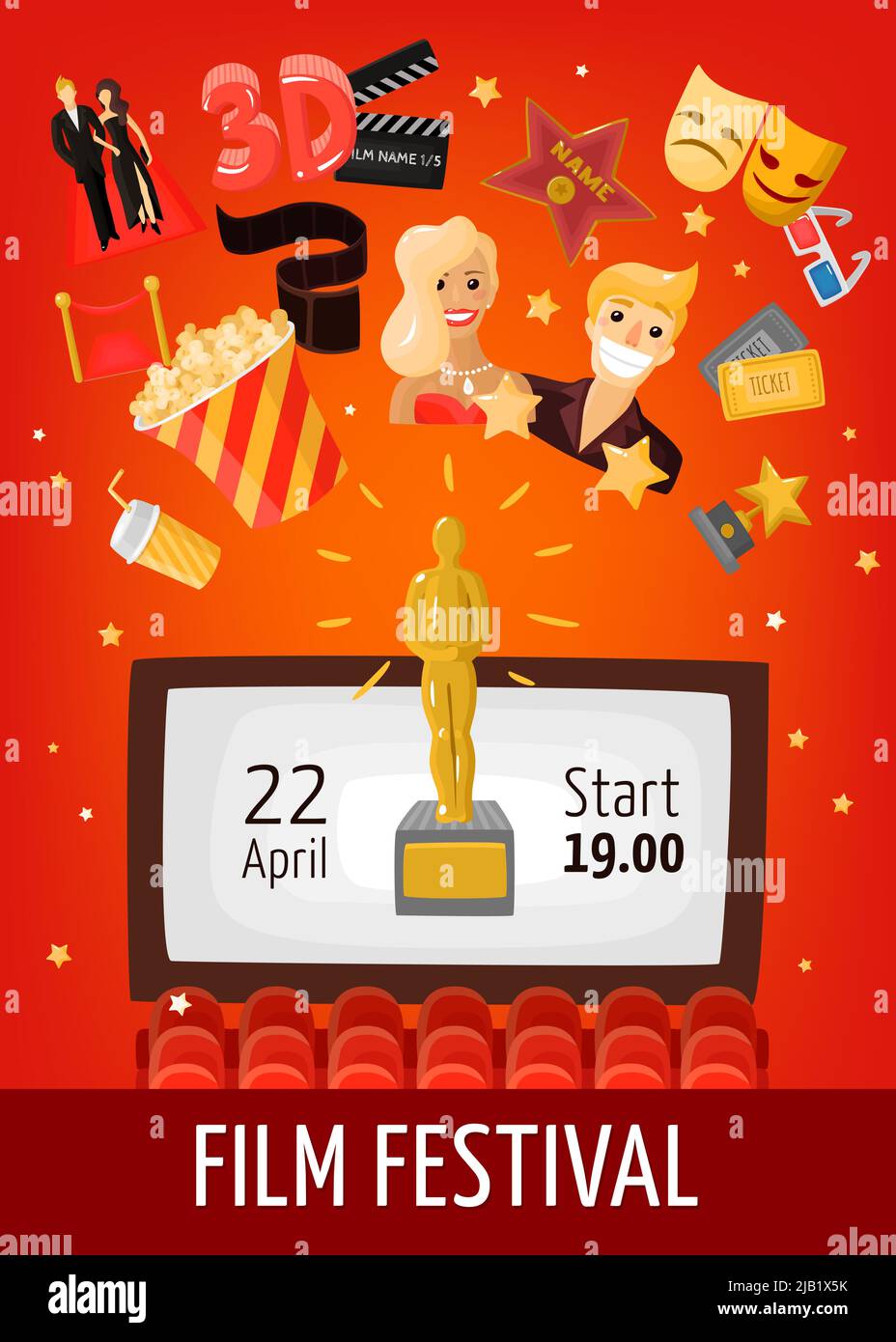 Poster del festival cinematografico con schermata di informazioni sulla data di inizio in auditorium e icone decorative del cinema illustrazione vettoriale piatta Illustrazione Vettoriale