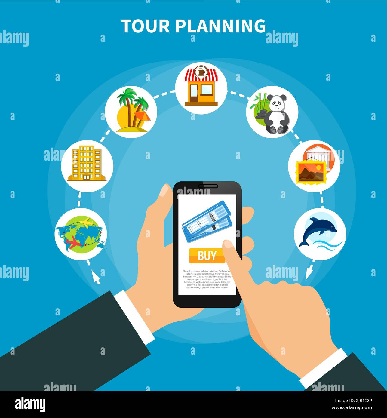 Progettazione della pianificazione dei tour con un uomo che tiene uno smartphone con informazioni sullo schermo sui biglietti per l'illustrazione vettoriale flat di viaggio Illustrazione Vettoriale