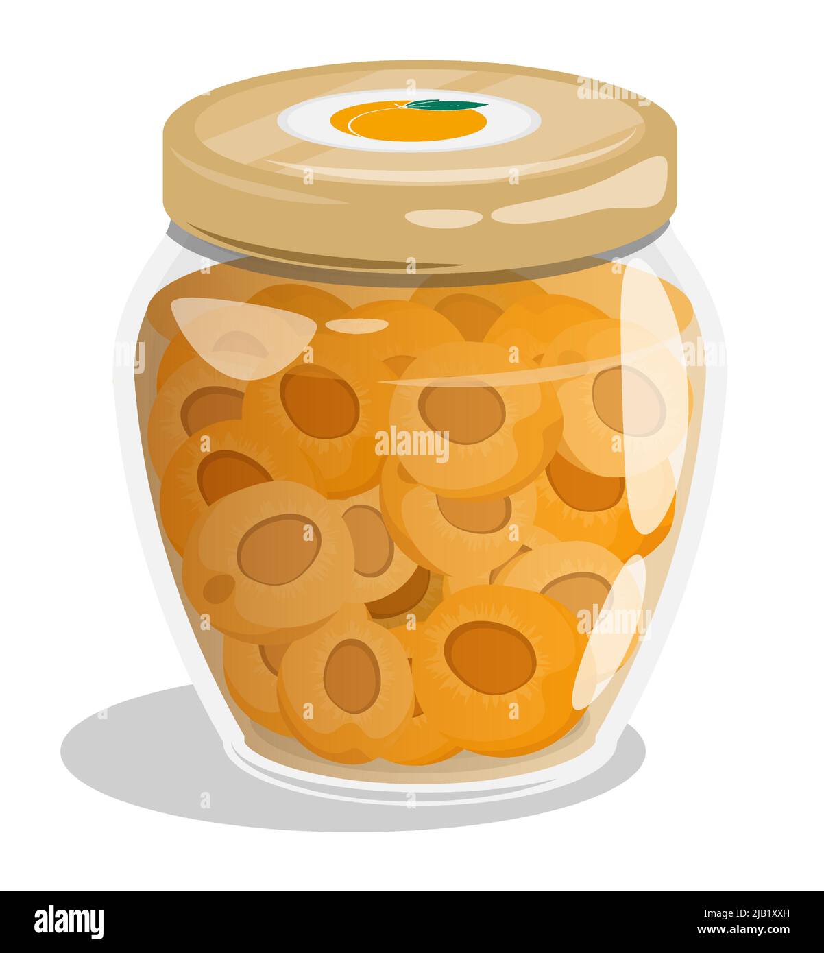 Vasetto confezionato di marmellata di albicocche o di compote. Fette di pesca in scatola con sciroppo di zucchero dolce. Vettore cartoon isolato su sfondo bianco Illustrazione Vettoriale