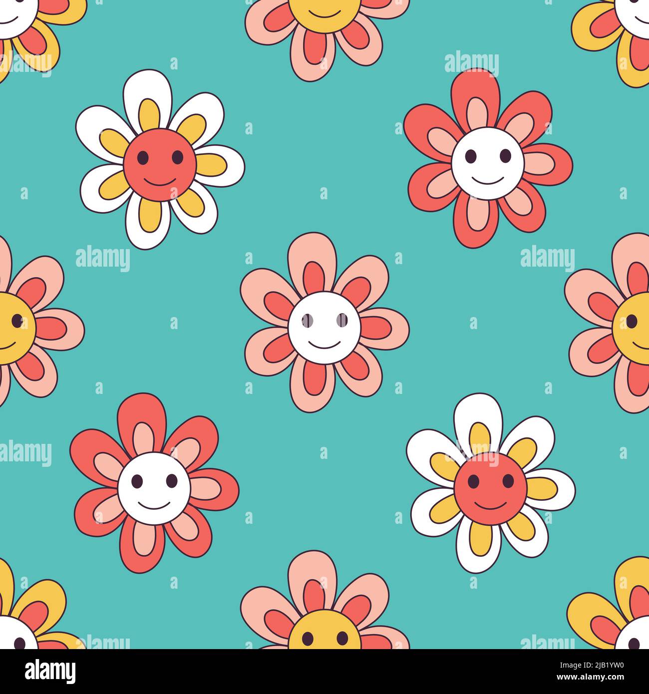 Retro 70s 60s Hippie Groovy Floral naive Daisy vettore senza cuciture pattern. Illustrazione Vettoriale