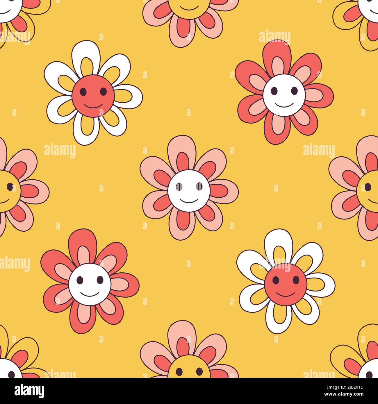 Retro 70s 60s Hippie Groovy Floral naive Daisy vettore senza cuciture pattern. Illustrazione Vettoriale