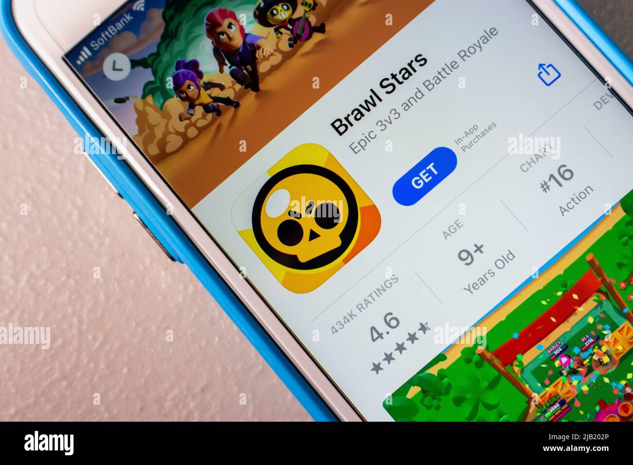 Brawl Stars, arena di battaglia online multiplayer e 3rd persone eroe sparatutto video gioco da Supercell, azienda finlandese di videogiochi, in App Store su iPhone Foto Stock