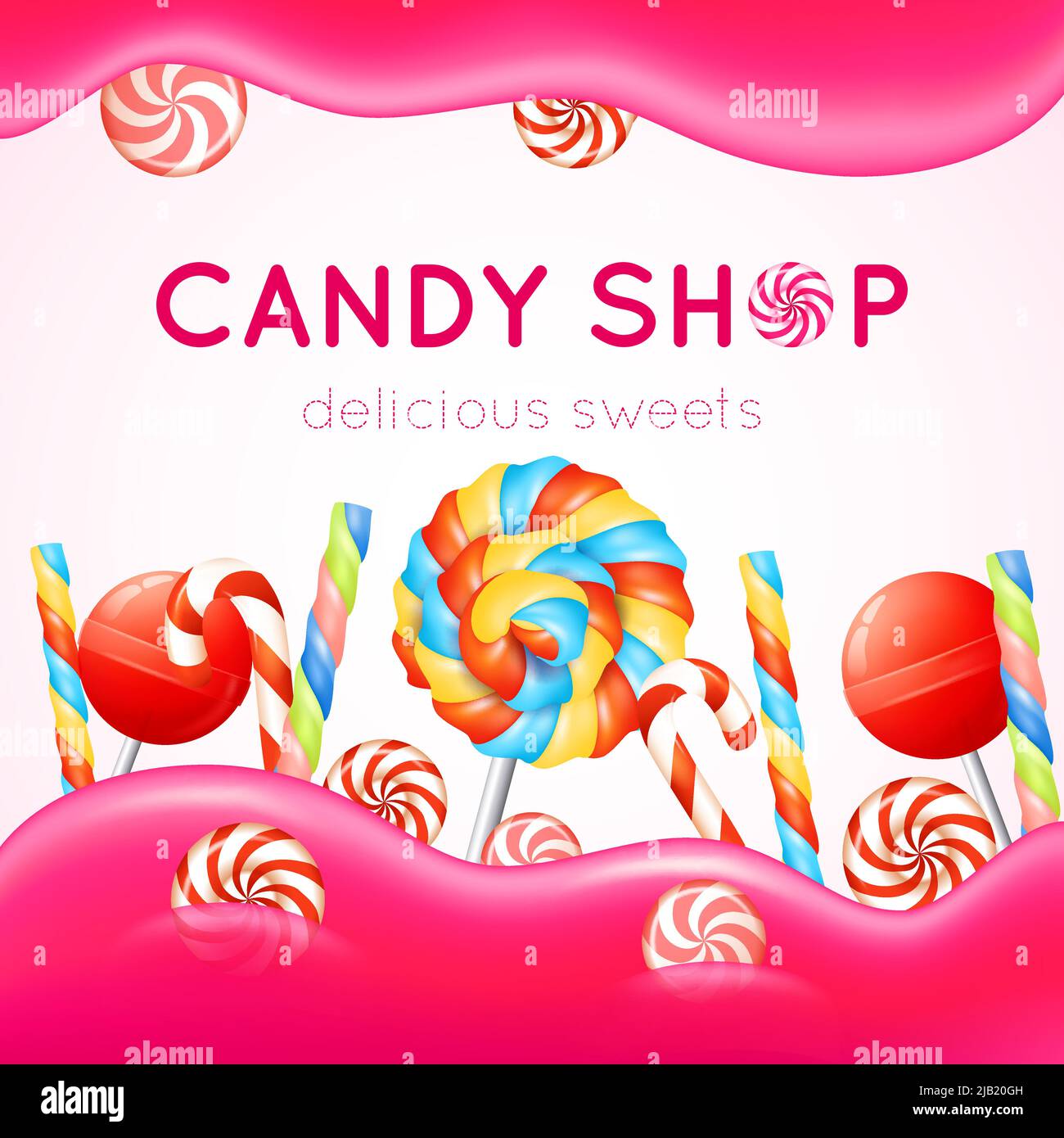 Poster negozio di caramelle con caramelle multicolore su sfondo bianco e rosa illustrazione vettoriale Illustrazione Vettoriale