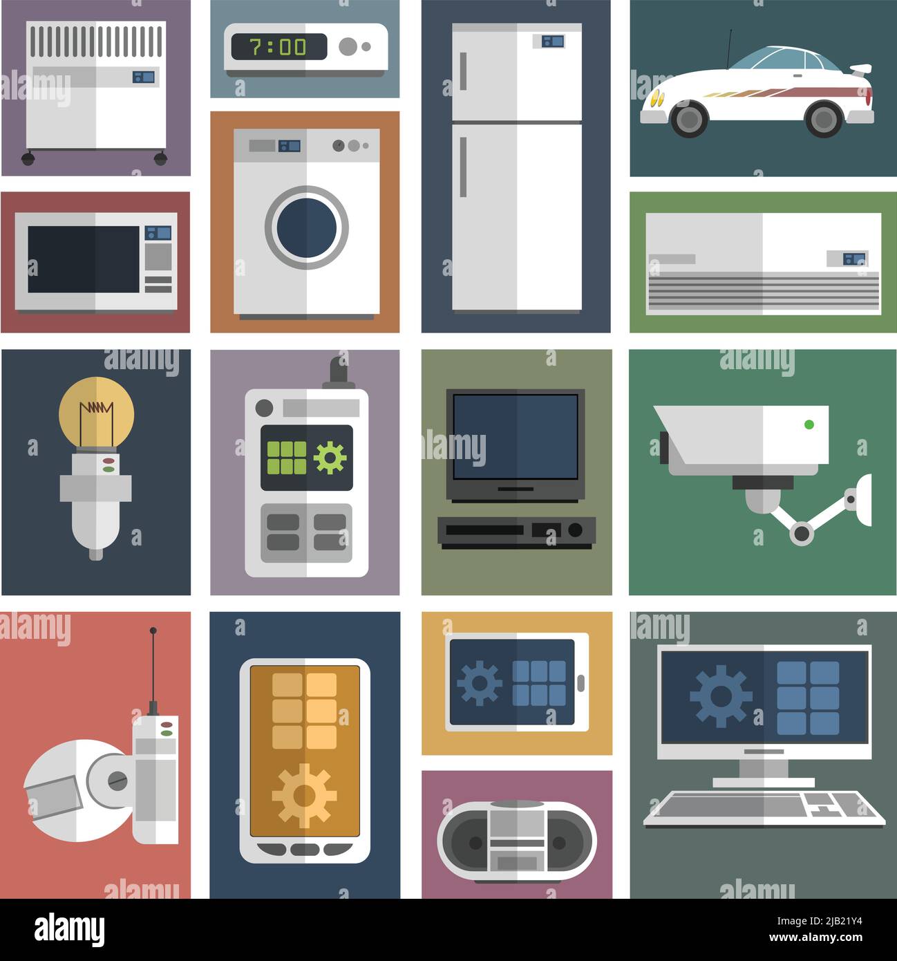Internet of Things computer riscaldamento e sicurezza telecamera telecomando icone set piatto astratto isolato vettore illustrazione Illustrazione Vettoriale