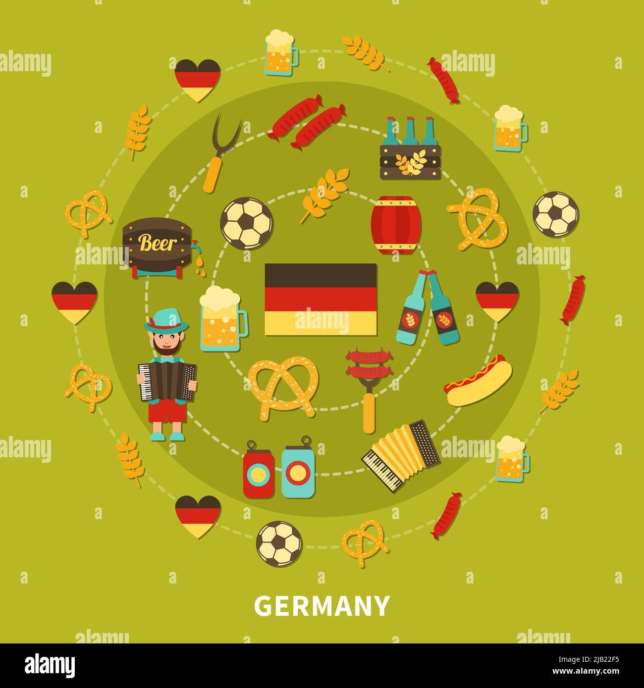 Composizione di viaggio di piatti isolati germania cibo tradizionale e bevande emoji stile immagini e simboli nazionali illustrazione vettoriale Illustrazione Vettoriale