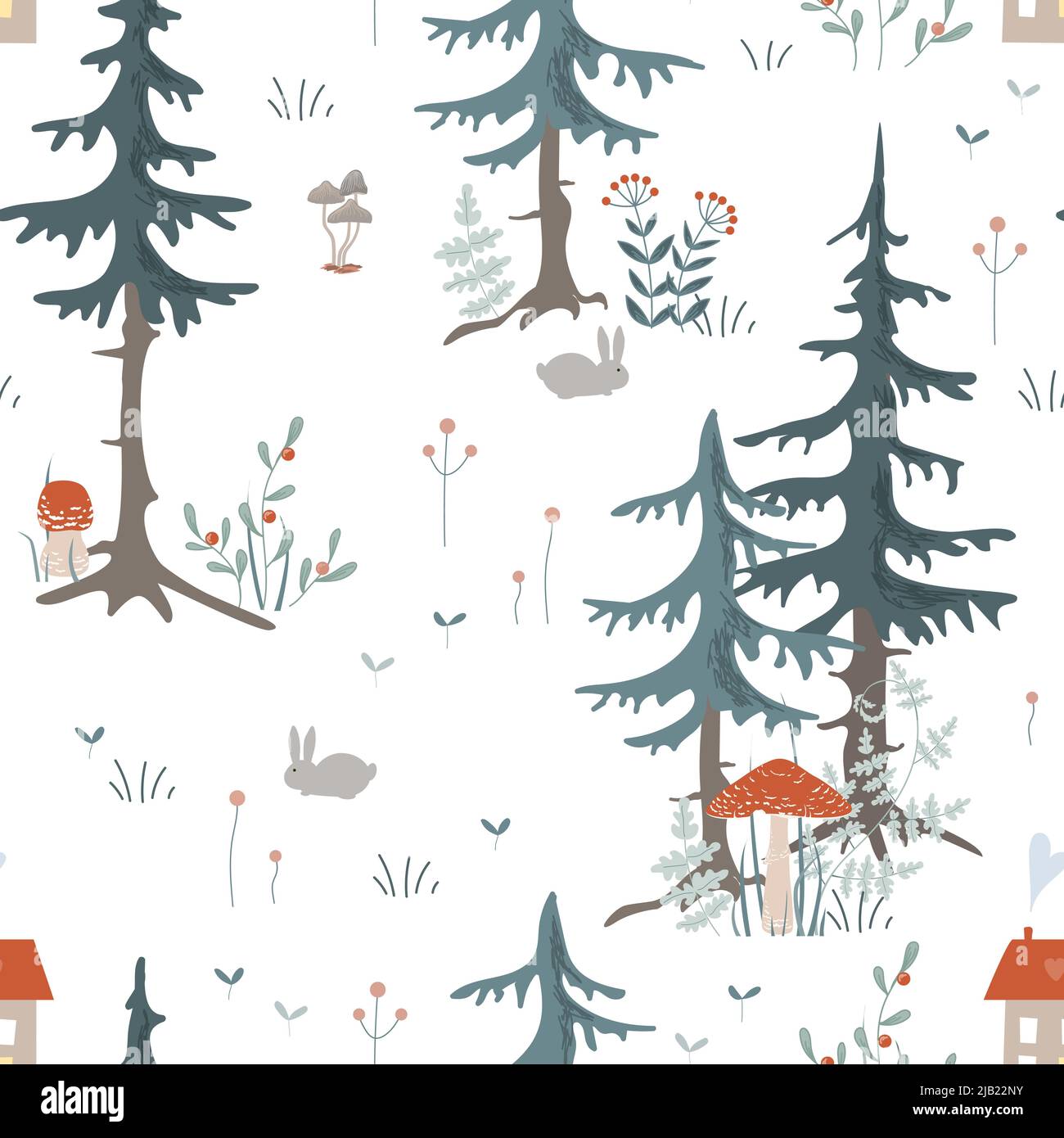 Doodle e accogliente bosco senza cuciture pattern. Piante forestali disegnate a mano su sfondo bianco. Disegno in stile scandinavo di erbe e fiori. Illustrazione Vettoriale