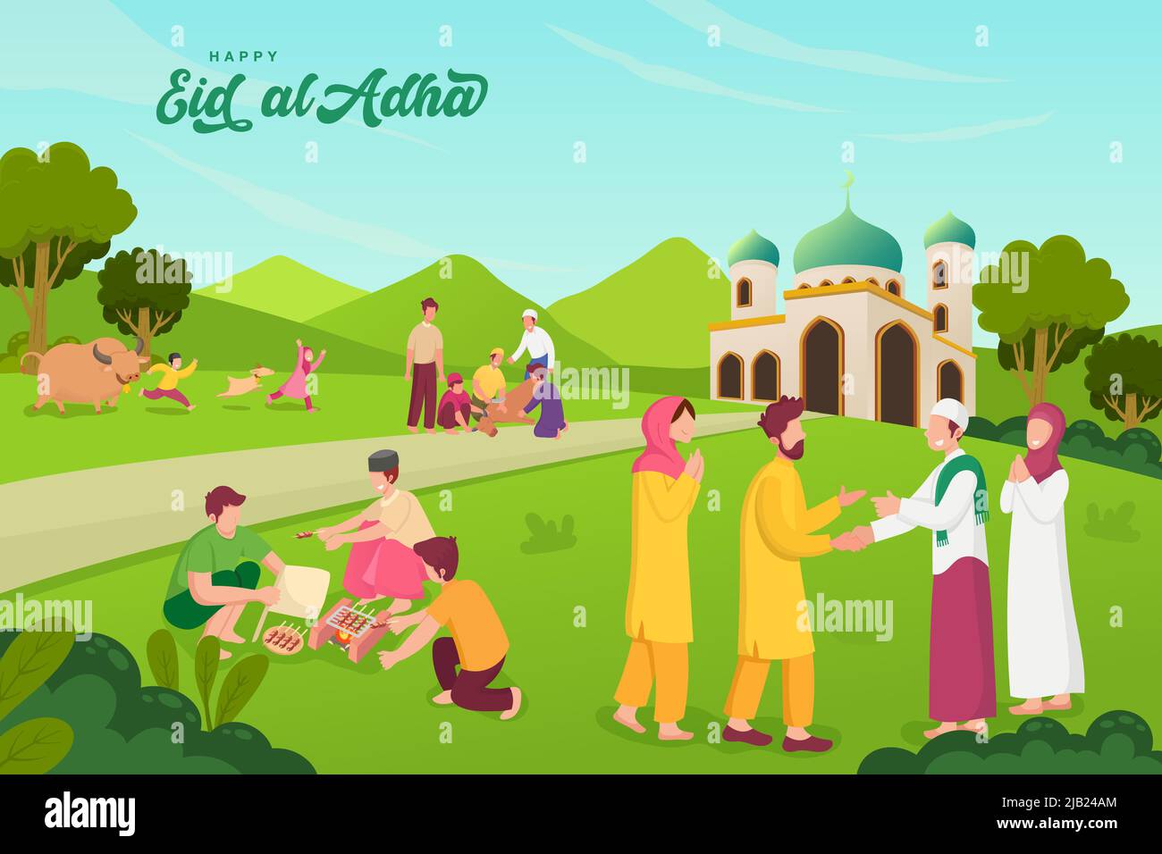 Buon biglietto d'auguri Eid al-Adha mubarak con variante di attività di popoli musulmani che celebrano Eid al-Adha Illustrazione Vettoriale