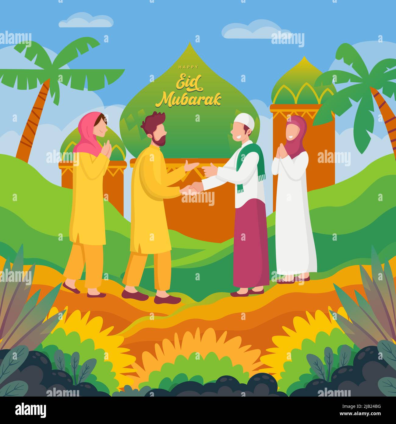 Happy Eid mubarak biglietto d'auguri. I musulmani celebrano Eid al-fitr. L'uomo musulmano agita le mani e si augura Illustrazione Vettoriale