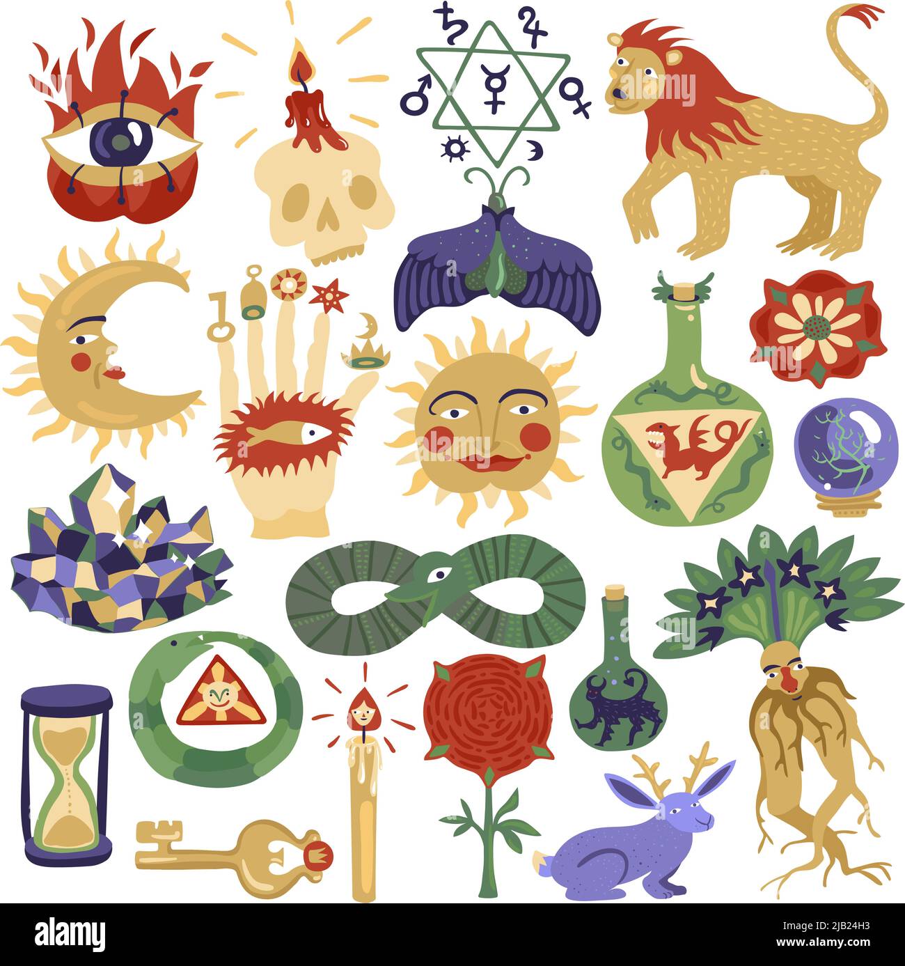 Colorful doodle set di trendy disegni di tatuaggio magico isolato su sfondo bianco illustrazione vettoriale Illustrazione Vettoriale