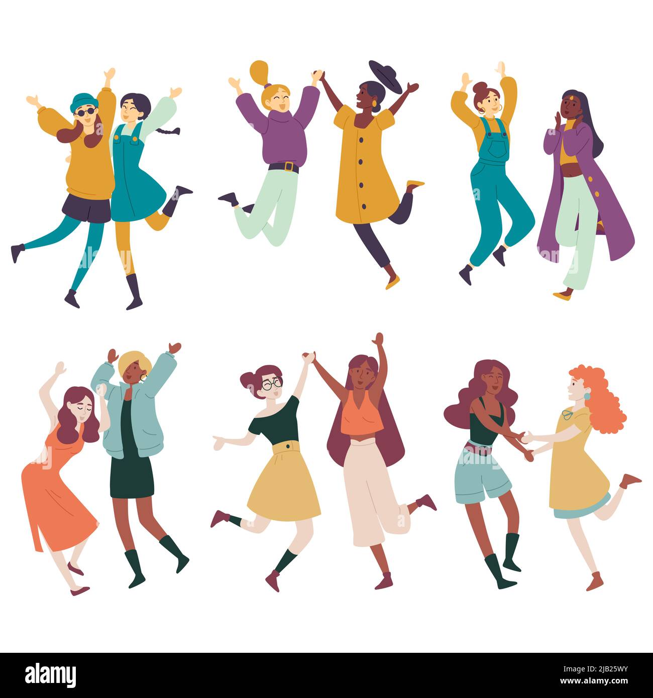 Donne diverse che si divertono insieme, donne multietniche che saltano, ballano Illustrazione Vettoriale