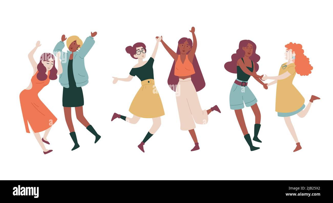 Amici femmine che ballano gli studenti festa vacanza ragazze con le loro mani saltando divertirsi Illustrazione Vettoriale