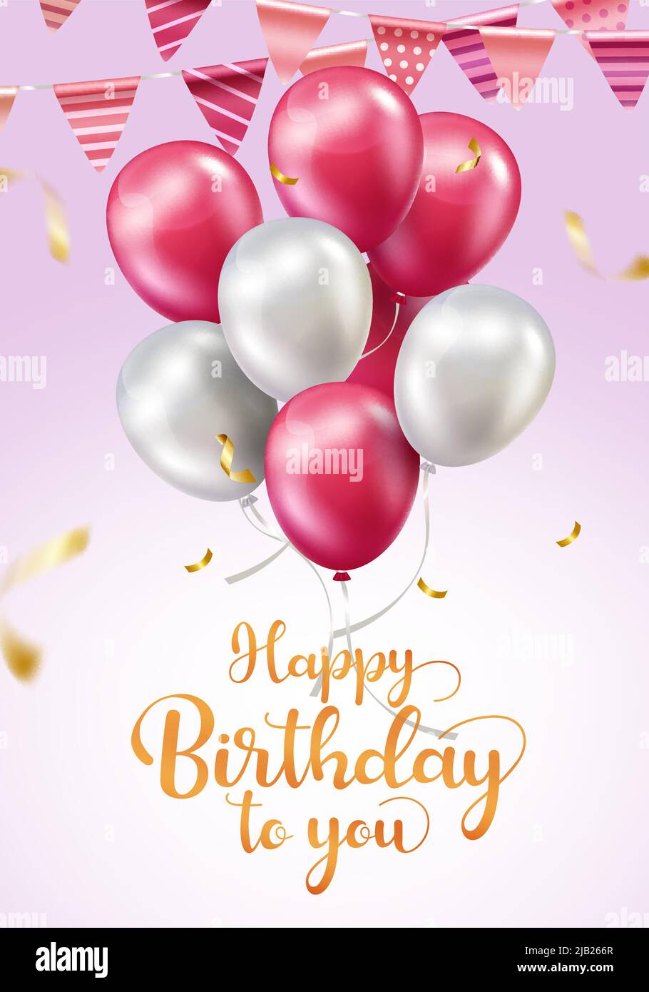 Design vettoriale di auguri di compleanno. Buon compleanno a voi testo con palloncino rosa galleggiante mazzo, confetti e pennants elementi per la festa. Illustrazione Vettoriale