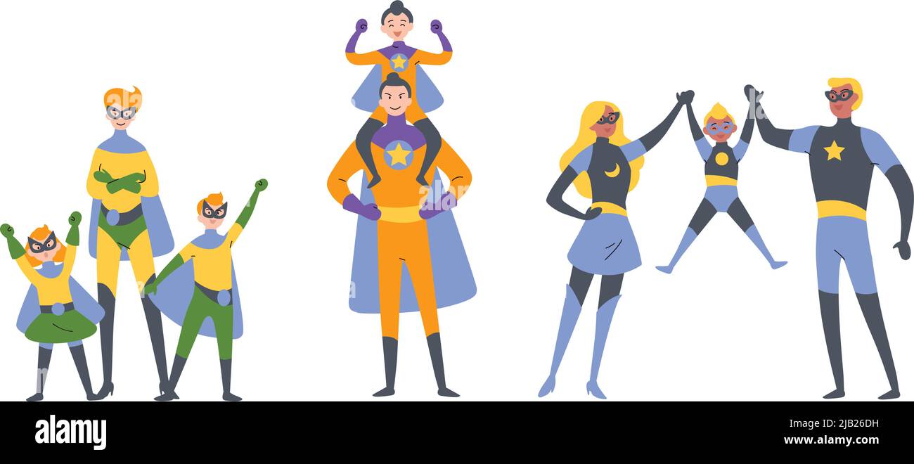 Genitori e bambini, ragazzo e ragazza che giocano supereroi, vestiti con costumi super eroi. Illustrazione Vettoriale