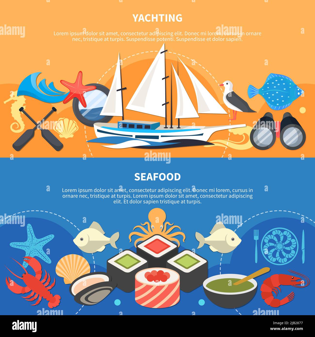 Striscioni orizzontali per il mare con simboli di pesce, illustrazione vettoriale isolata e piatta Illustrazione Vettoriale