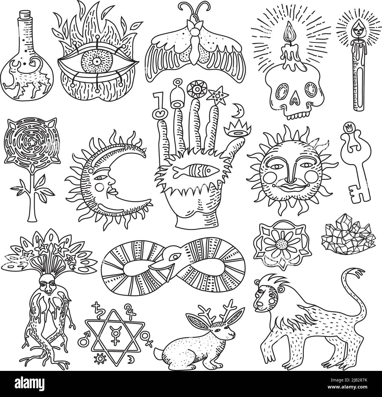 Set di noodle monocromatici di tatuaggio magico alla moda isolato su sfondo bianco illustrazione vettoriale Illustrazione Vettoriale