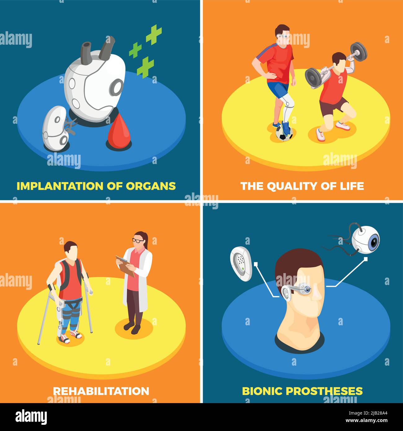 Tecnologia medica concetto di progettazione 2x2 con impianto di organi protesi bioniche qualità di vita e riabilitazione icone quadrate isometriche vettore illu Illustrazione Vettoriale