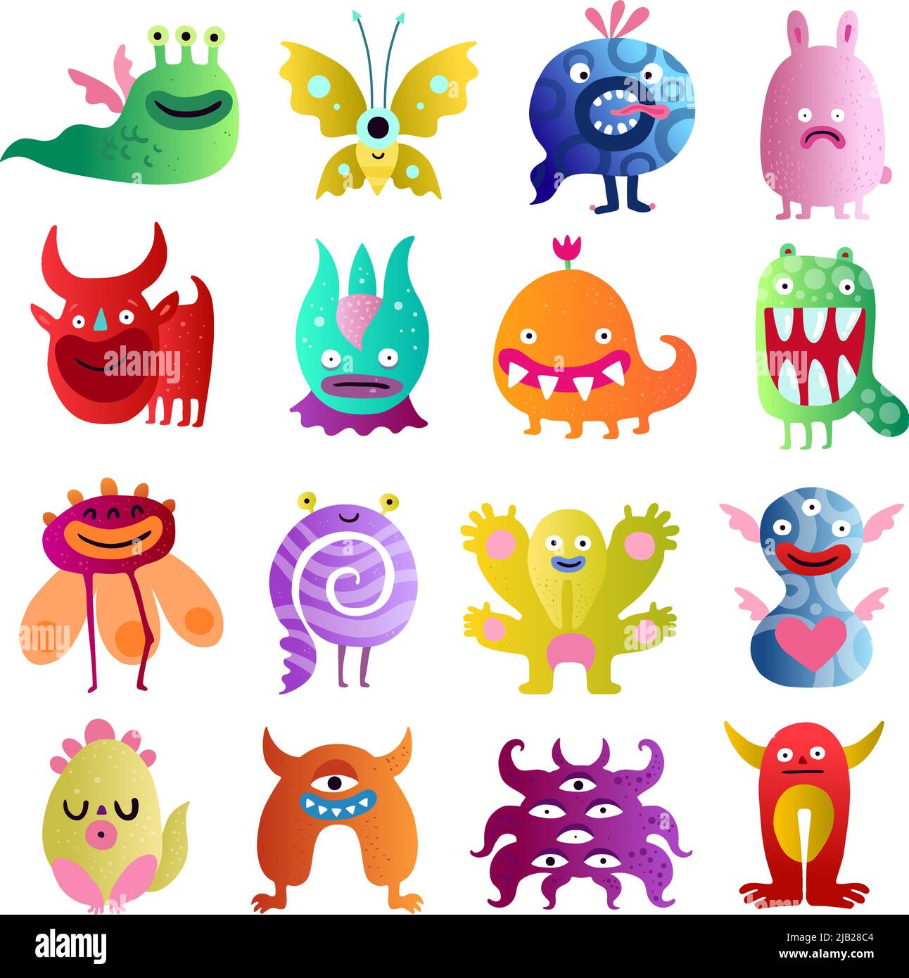 Mostri divertenti grande collezione colorata con toro paura arachide pianta in amore spirali creature isolato vettore illustrazione Illustrazione Vettoriale