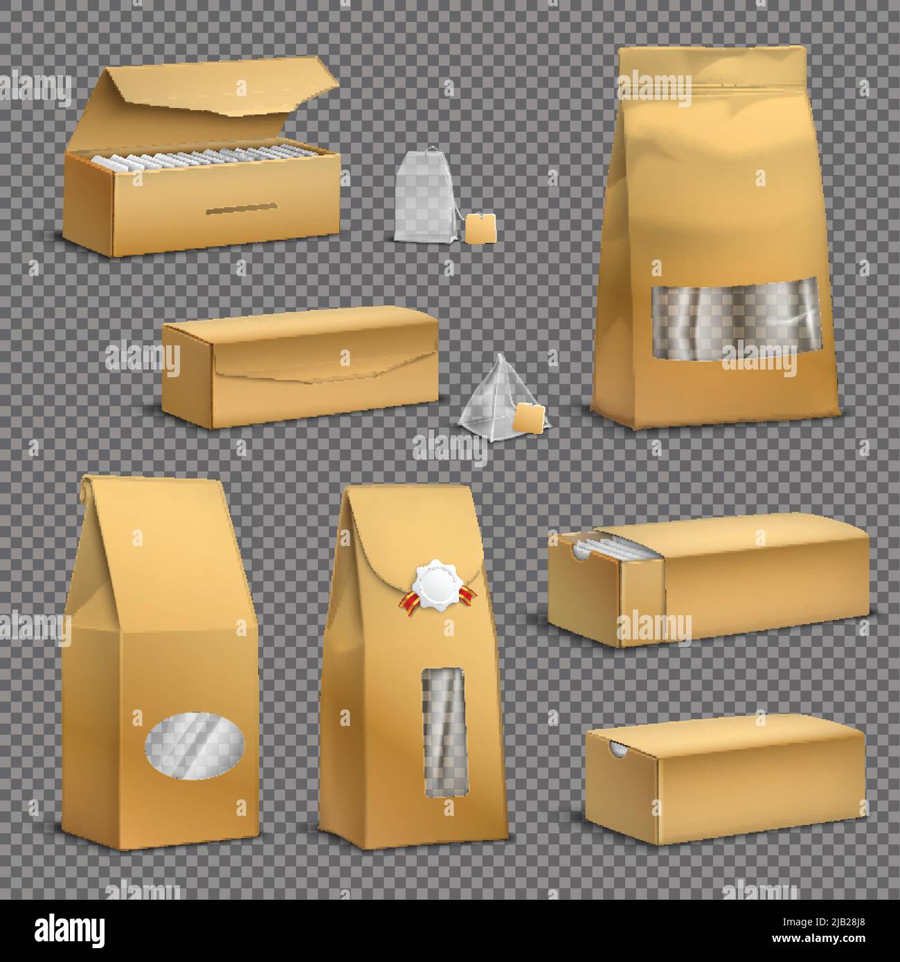 Carta marrone kraft bustine di tè e foglie sciolte confezioni scatole set realistico trasparente sfondo illustrazione vettoriale Illustrazione Vettoriale