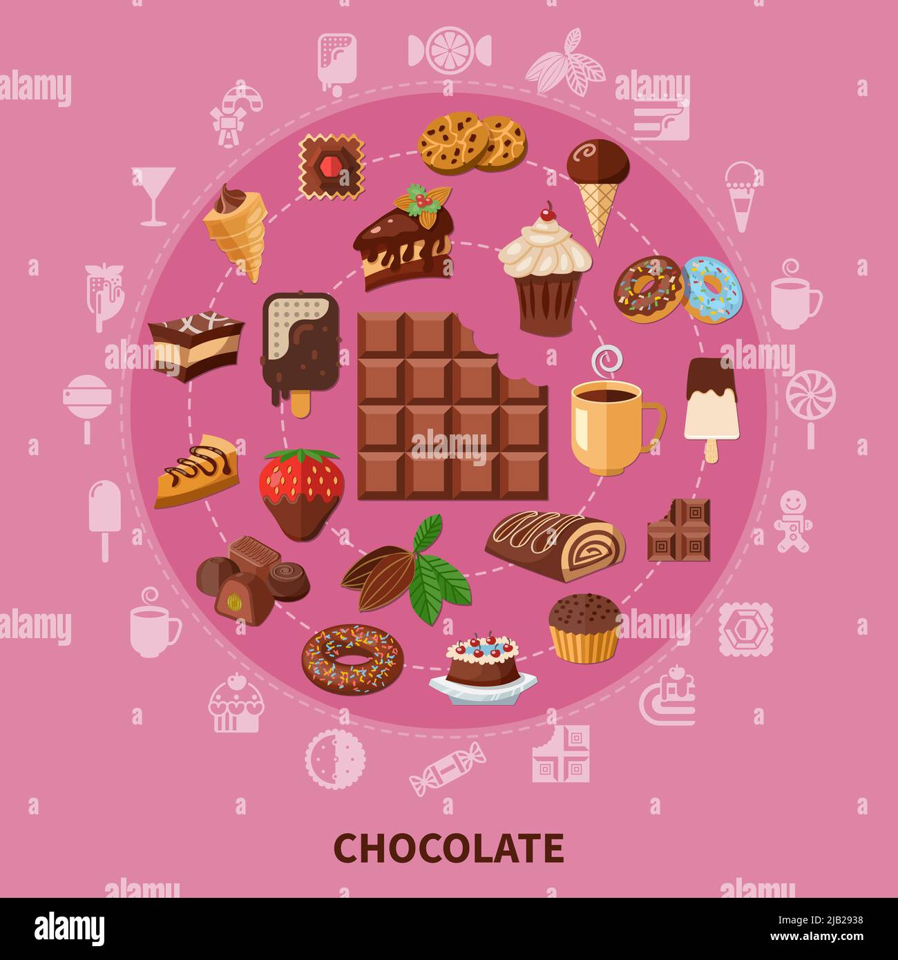 Composizione rotonda di cioccolato su sfondo rosa con bevanda da fagioli cacao, pasticceria, caramelle, illustrazione vettoriale piatta di icecream Illustrazione Vettoriale