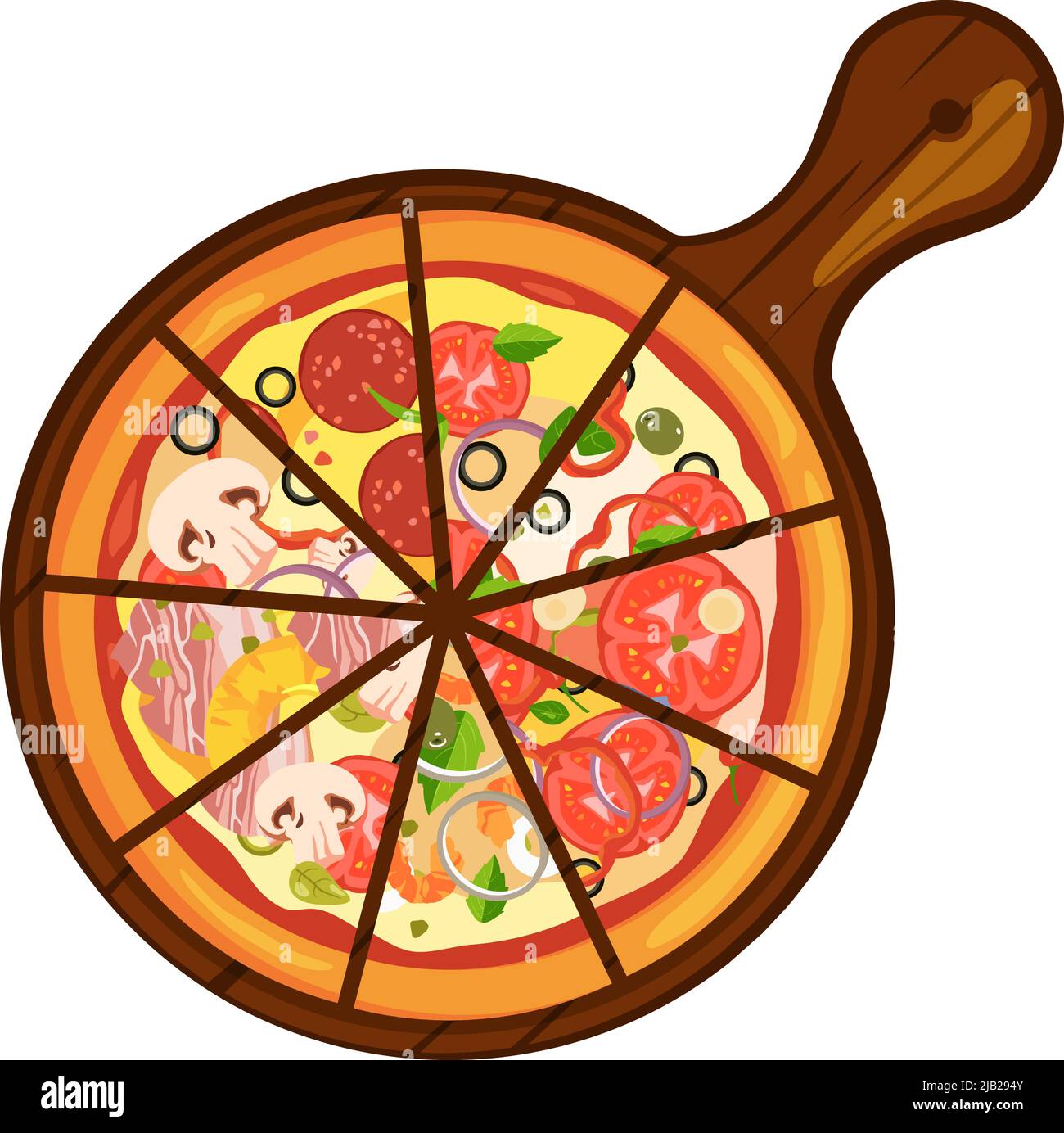 Pizza italiana fette diverse su vassoio di legno icona cartoon Illustrazione Vettoriale