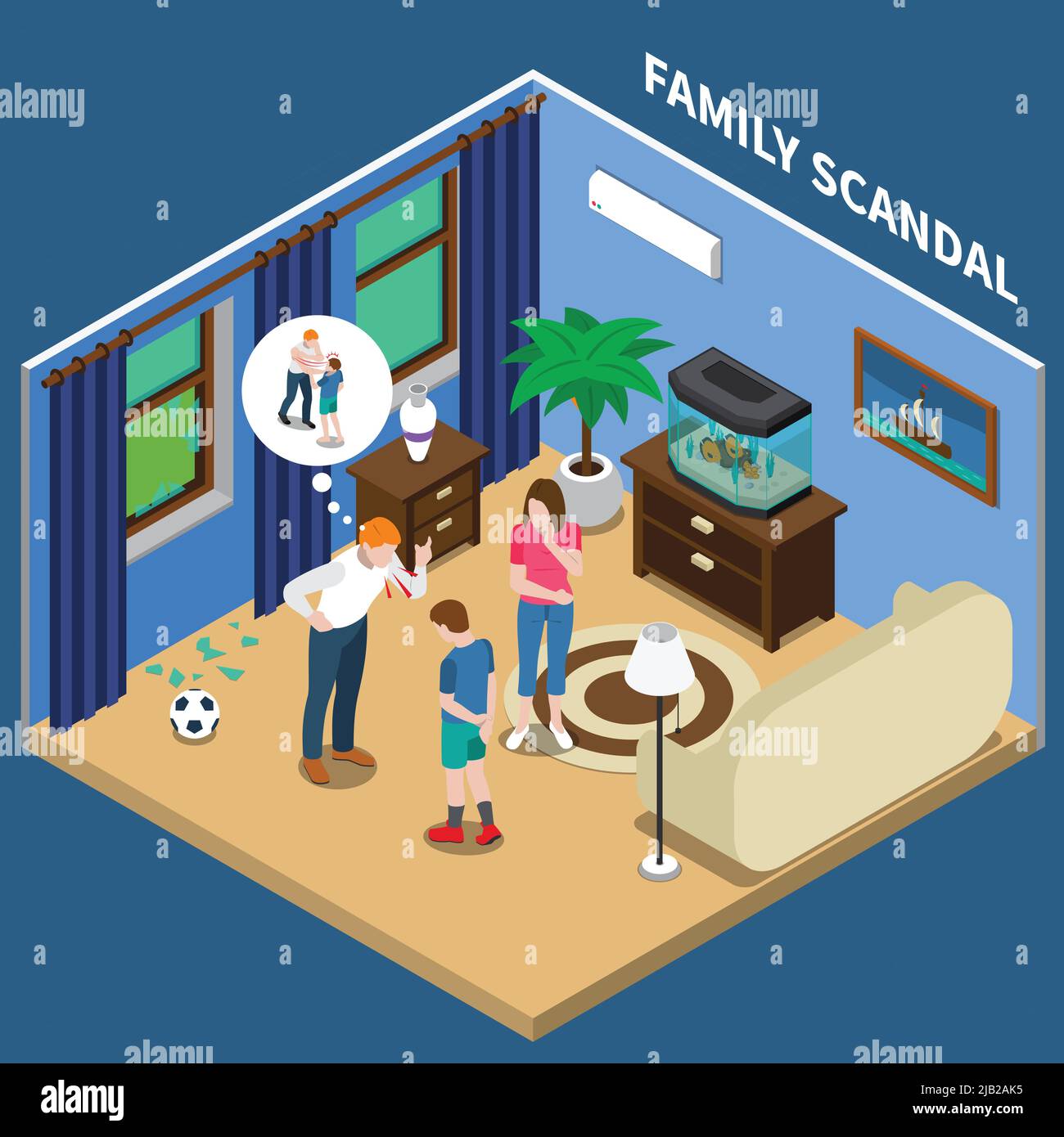 Famiglia scandalo composizione isometrica con padre scolding figlio per finestra rotto con palla di calcio illustrazione vettoriale Illustrazione Vettoriale