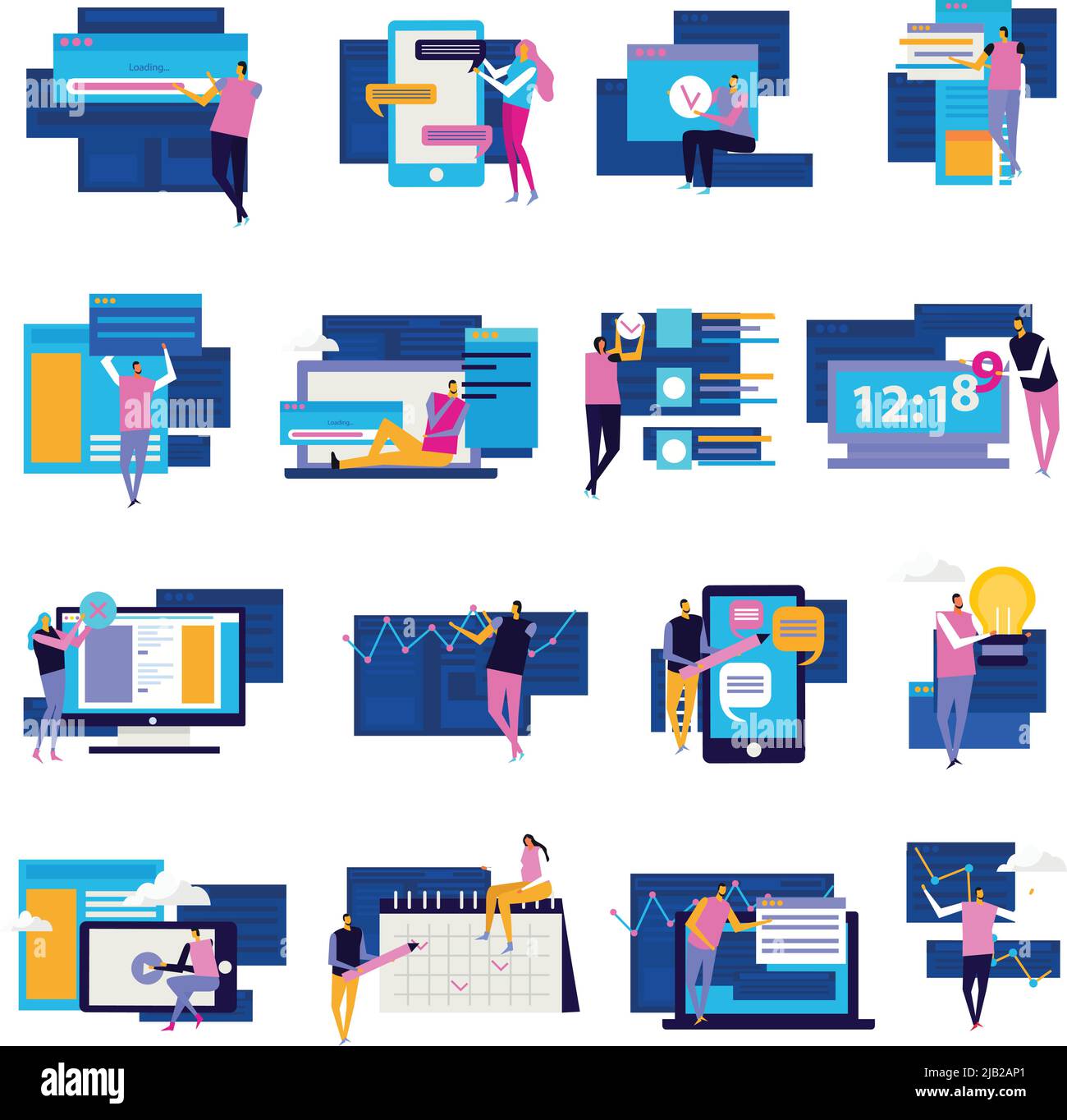 Persone e interfacce icone piatte raccolta di persone isolate e dispositivi elettronici schermi con finestre e pittogrammi illustrazione vettoriale Illustrazione Vettoriale