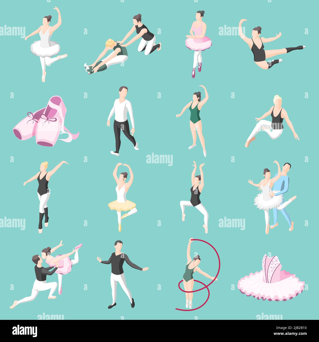 Balletto icone isometriche insieme di ballerine coppie ballerine danzanti pose e facendo esercizi di formazione illustrazione vettoriale isolata Illustrazione Vettoriale