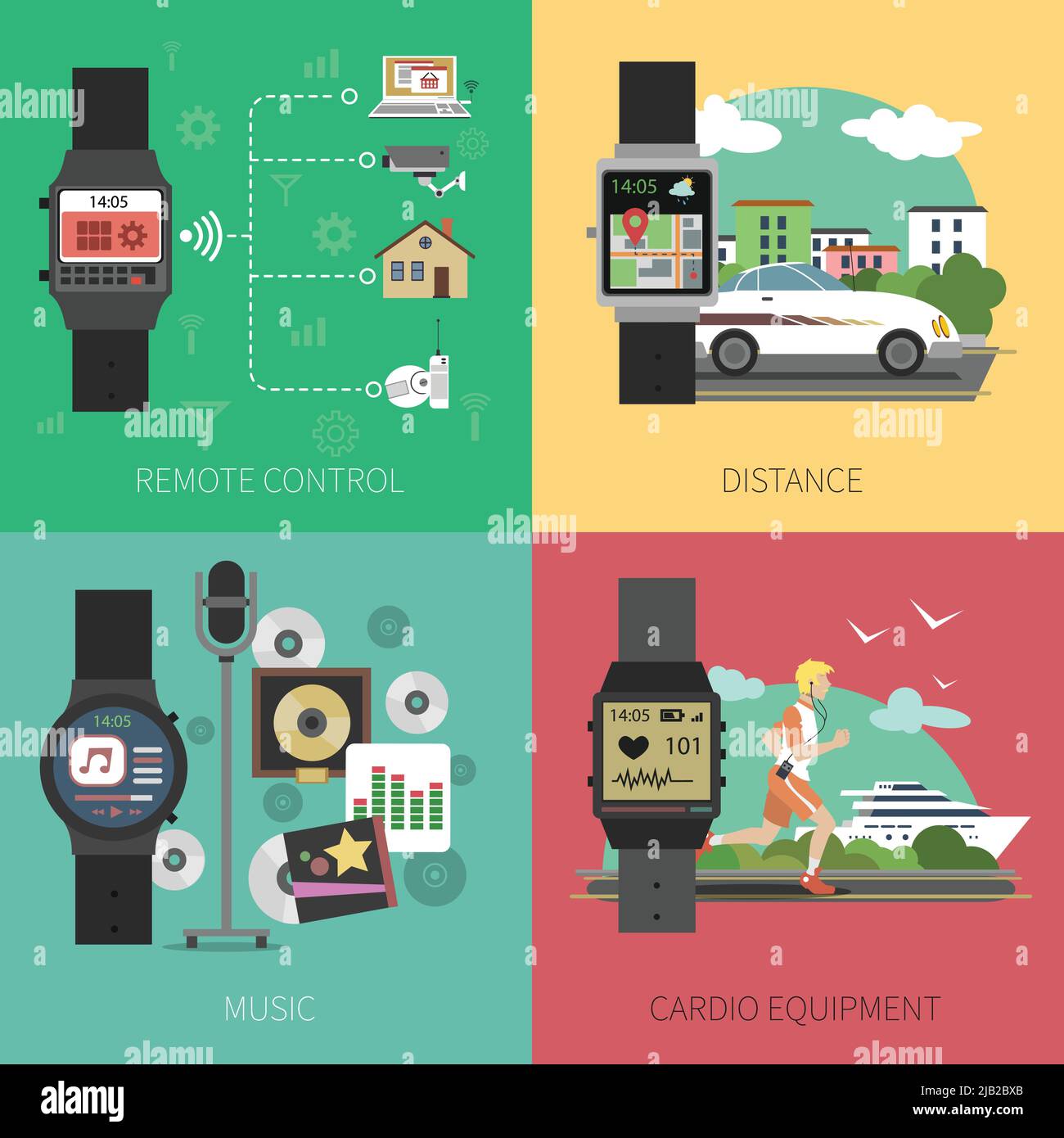Set di concetto di design per orologi intelligenti con telecomando e attrezzature sportive icone piatte illustrazione vettoriale isolata Illustrazione Vettoriale