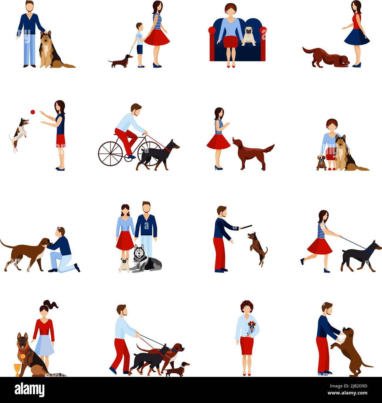Persone che giocano e camminano con razze diverse di cani impostare illustrazione vettoriale isolato Illustrazione Vettoriale