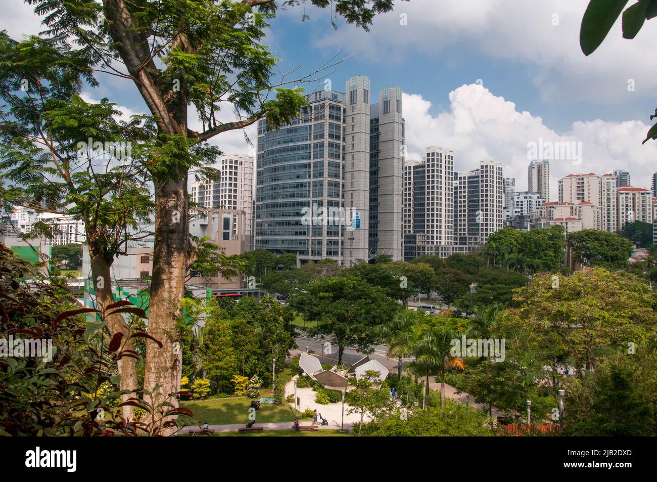 Vista dai pendii boschivi di Fort Canning Park, Singapore Foto Stock