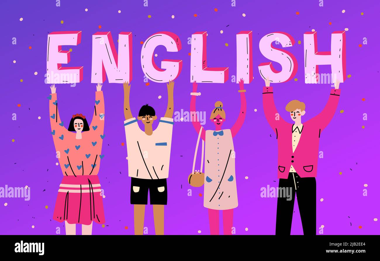 Persone diverse che tengono lettere parola inglese. Imparare la lingua Illustrazione Vettoriale