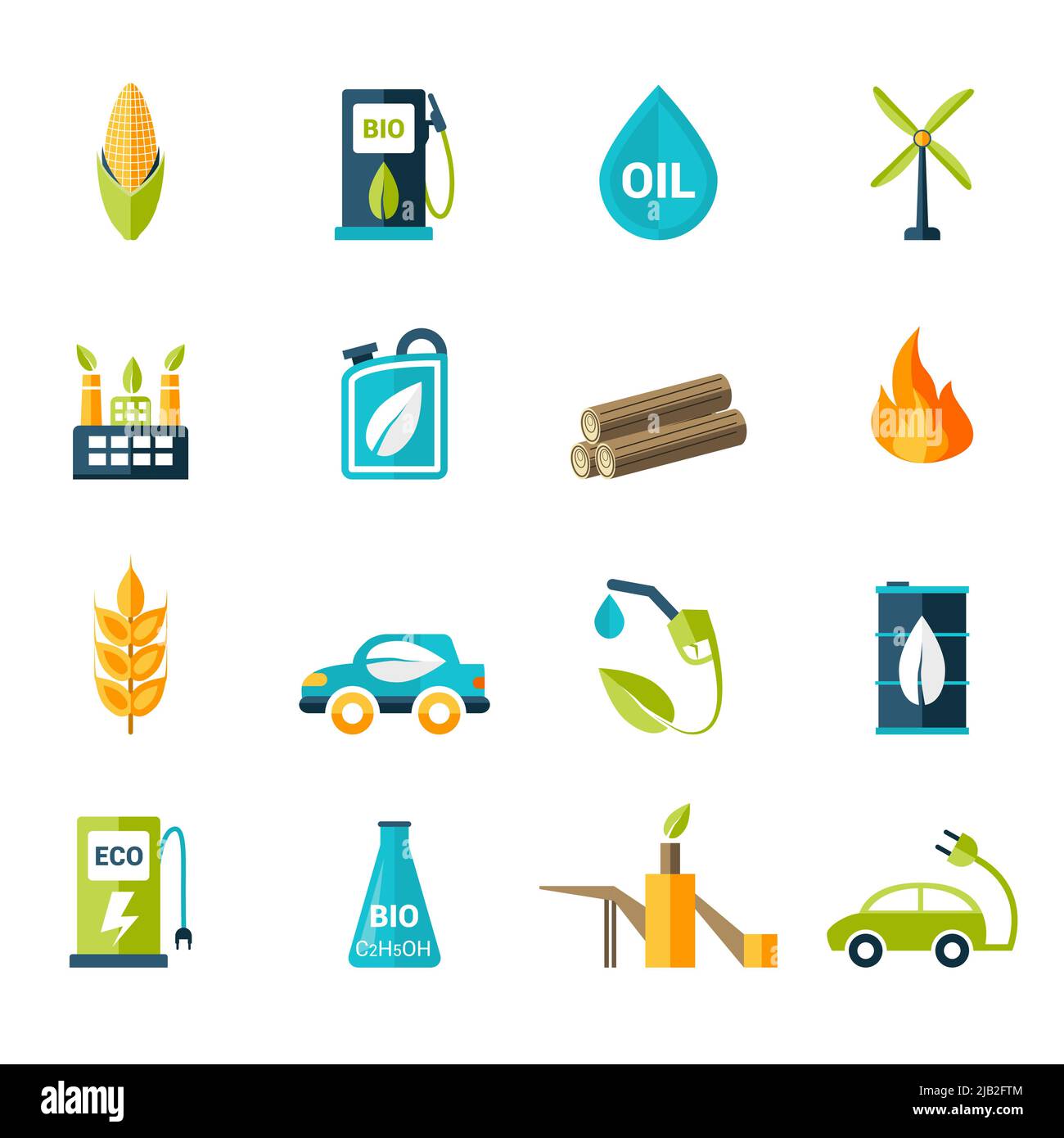 Le icone del settore dell'energia elettrica eolica e solare con biocombustibile impostano illustrazioni vettoriali isolate Illustrazione Vettoriale