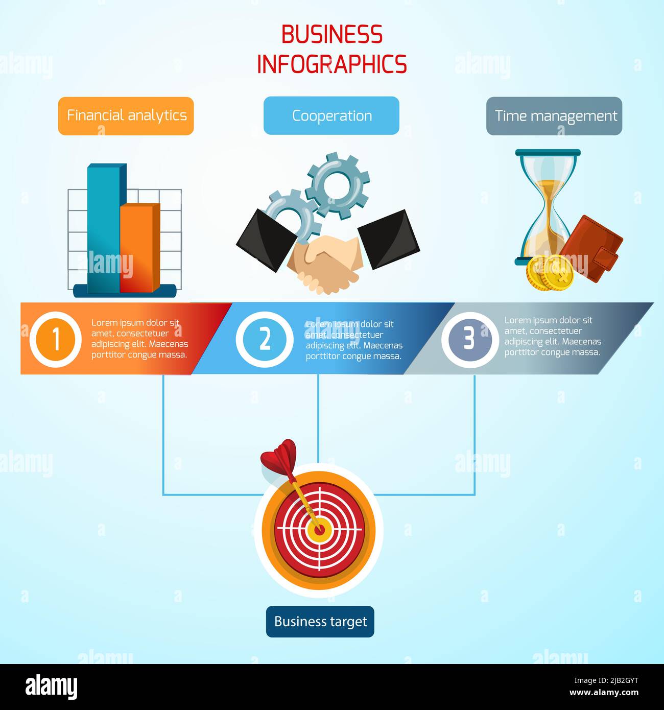 Infografica aziendale impostata con la cooperazione di analisi finanziaria simboli di gestione del tempo illustrazione vettoriale Illustrazione Vettoriale