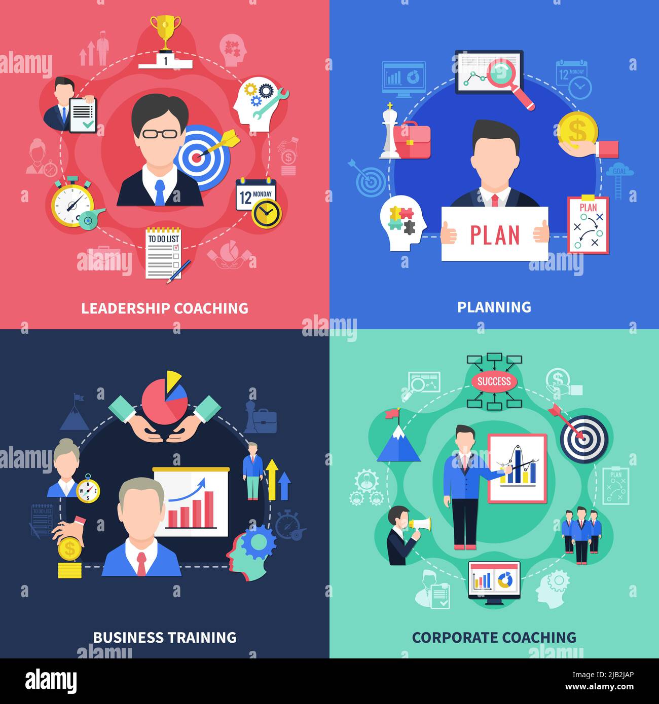 Icone concettuali di coaching impostate con simboli di formazione aziendale piatte e isolate illustrazione vettoriale Illustrazione Vettoriale