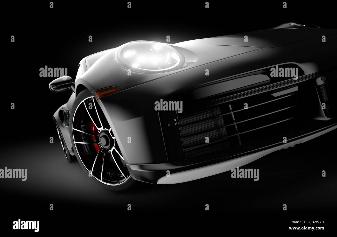 Auto sportiva nera generica e senza marchio illuminata su sfondo scuro: Illustrazione 3D Foto Stock