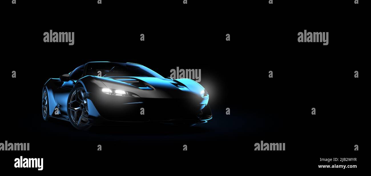 Auto sportiva nera generica e senza marchio isolata su sfondo scuro: Illustrazione 3D Foto Stock