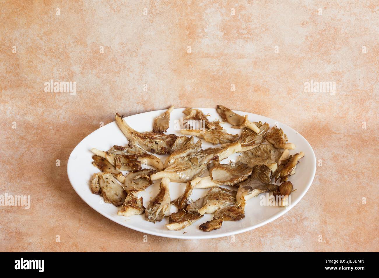 Deliziosi funghi commestibili cotti e arrostiti pronti a mangiare su un piatto bianco e astratto sfondo colorato studio. Funghi e cibo. Foto Stock
