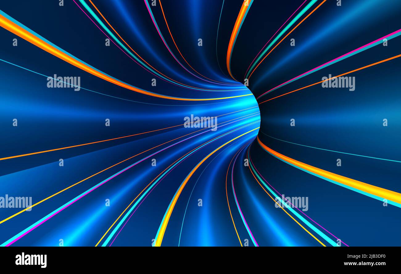 Wormhole nell'universo. Hyperjump, illustrazione del foro nero 3D. Tunnel spaziale nella struttura del tempo. Flusso di dati in movimento nel cyberspazio Foto Stock